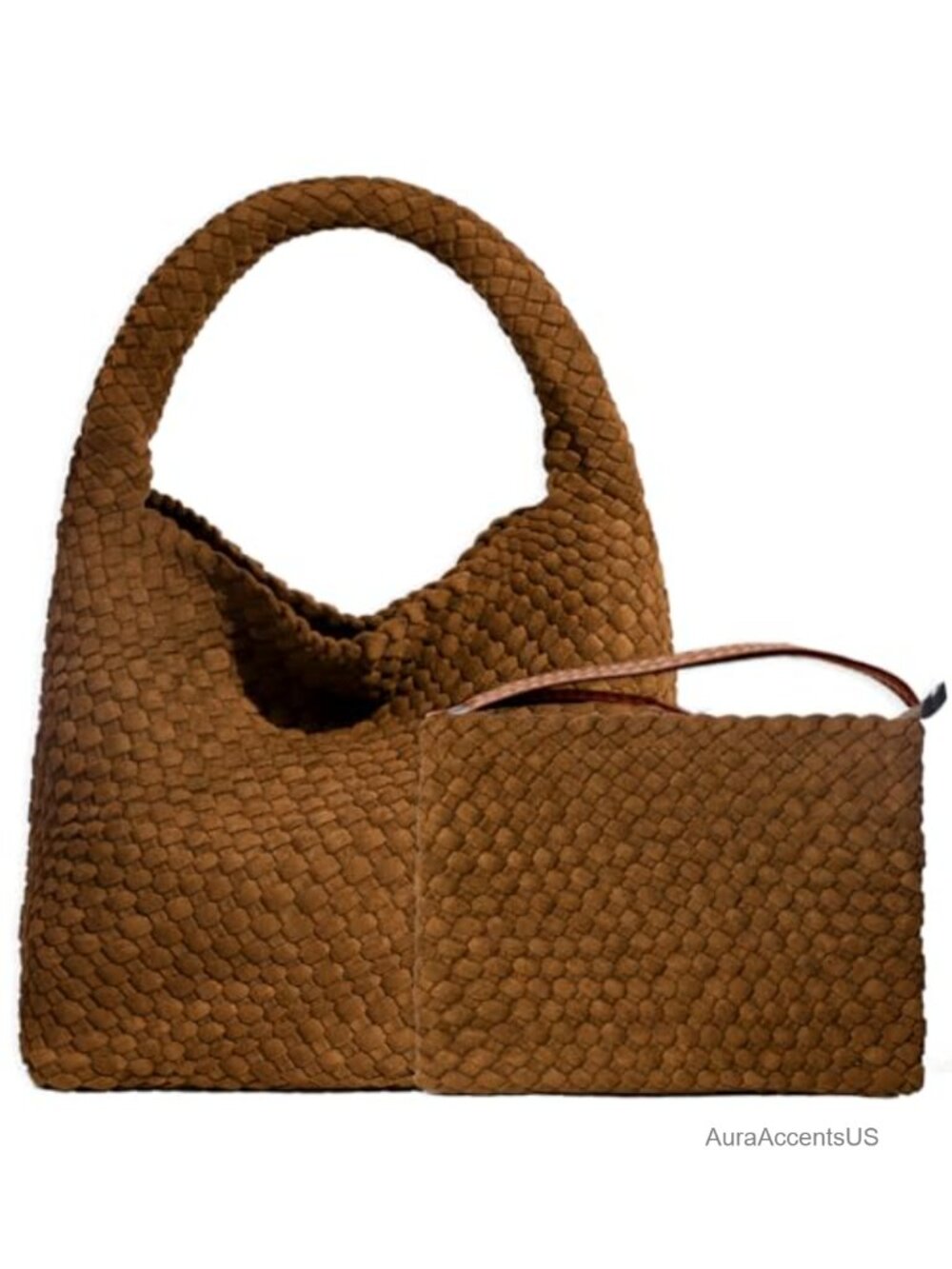 Handwoven Faux Suede Hobo Tote with Magnetic Buckle & Wrist Wallet